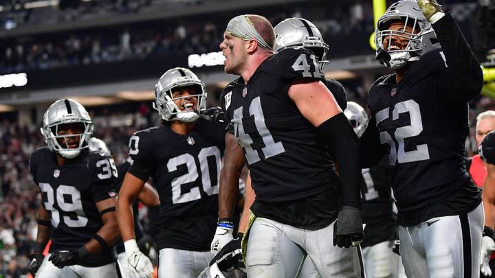 Nov 12, 2023; Paradise, Nevada, USA; Las Vegas Raiders linebacker Robert Spillane (41) reacts after Nov 12, 2023; Paradise, Nevada, USA; Las Vegas Raiders linebacker Robert Spillane (41) reacts after