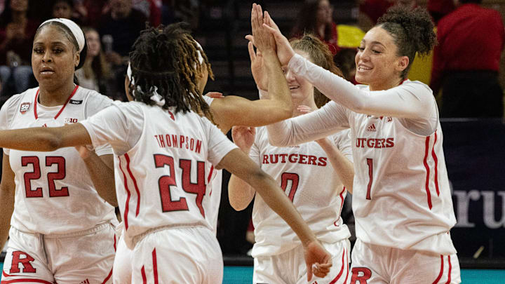 Rutgers Destiny Adams congratulates a team mate on a good shot. Rutgers Women   s Basketball falls to Penn State in Piscataway NJ. on January 14, 2024.