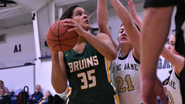 Rock Bridge's Jayda Porter (35) battles the Quincy Notre Dame defense during the Sophie Cunningham Classic on Dec. 4, 2022, at Columbia, Mo.

Dsc 1228 2