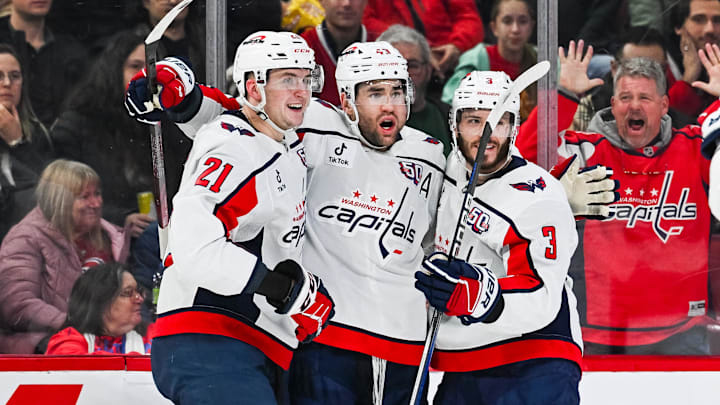 Dec 7, 2024; Montreal, Quebec, CAN; Washington Capitals right wing Tom Wilson (43) celebrates with teammates after scoring a goal against the Montreal Canadiens during the third period at Bell Centre. Mandatory Credit: David Kirouac-Imagn Images Dec 7, 2024; Montreal, Quebec, CAN; Washington Capitals right wing Tom Wilson (43) celebrates with teammates after scoring a goal against the Montreal Canadiens during the third period at Bell Centre. Mandatory Credit: David Kirouac-Imagn Images