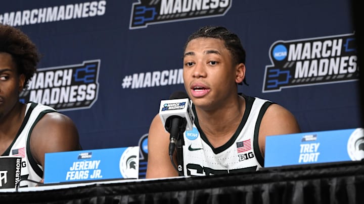 Mar 21, 2026; Buffalo, NY, USA; Michigan State Spartans guard Jeremy Fears Jr. (1) speaks to media after a second round game of the men's 2026 NCAA Tournament at Keybank Center. Mandatory Credit: Mark Konezny-Imagn Images