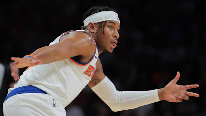 Mar 2, 2025; Miami, Florida, USA; New York Knicks guard Miles McBride (2) reacts after scoring against the Miami Heat during the second quarter at Kaseya Center. Mandatory Credit: Sam Navarro-Imagn Images Mar 2, 2025; Miami, Florida, USA; New York Knicks guard Miles McBride (2) reacts after scoring against the Miami Heat during the second quarter at Kaseya Center. Mandatory Credit: Sam Navarro-Imagn Images