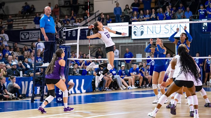 Oct. 12, 2024-TCU Volleyball's Melanie Parra takes a big swing for a kill against BYU in Provo, Utah. 