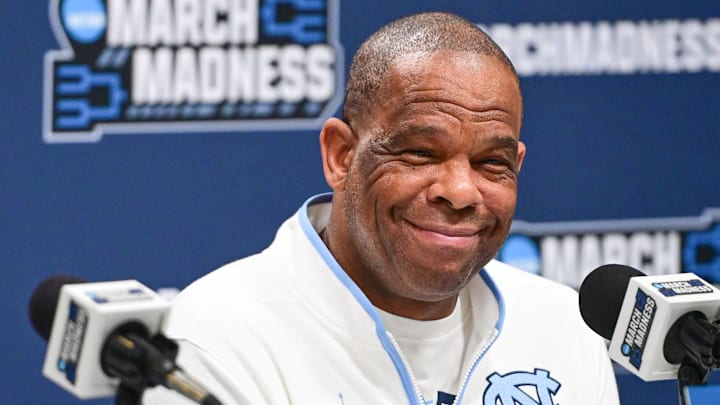 Mar 20, 2025; Milwaukee, WI, USA;  North Carolina Tar Heels head coach Hubert Davis speaks at press conference during NCAA Tournament First Round Practice at Fiserv Forum. Mandatory Credit: Benny Sieu-Imagn Images