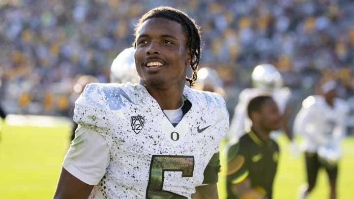 Nov 18, 2023; Tempe, Arizona, USA; Oregon Ducks defensive back Khyree Jackson (5) against the Arizona State Sun Devils at Mountain America Stadium. Mandatory Credit: Mark J. Rebilas-USA TODAY Sports Nov 18, 2023; Tempe, Arizona, USA; Oregon Ducks defensive back Khyree Jackson (5) against the Arizona State Sun Devils at Mountain America Stadium. Mandatory Credit: Mark J. Rebilas-USA TODAY Sports