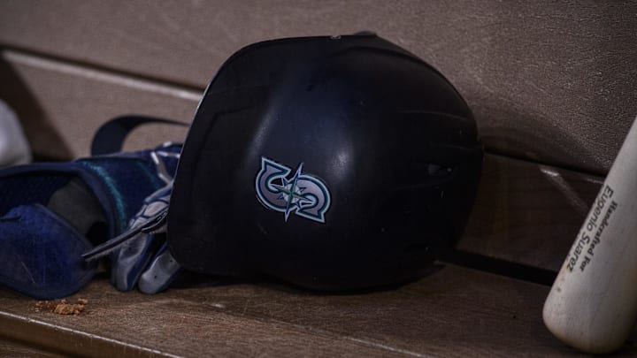 Jun 5, 2022; Arlington, Texas, USA; A view of a Seattle Mariners batting helmet and logo during the game between the Texas Rangers and the Seattle Mariners at Globe Life Field. Mandatory Credit: Jerome Miron-Imagn Images