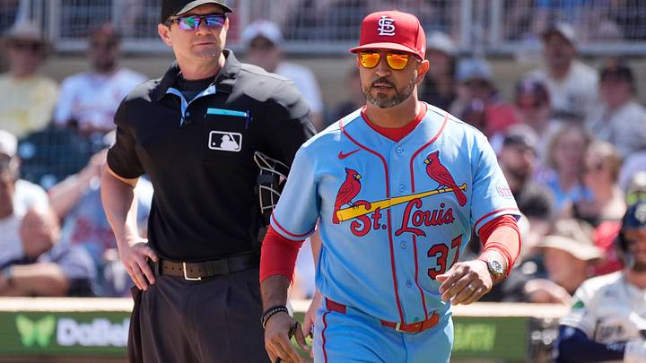 Jun 13, 2026; Minneapolis, Minnesota, USA; St. Louis Cardinals Oliver Marmol leaves after arguing with home plate umpire Adam Beck over a ABS review on a pitch to Minnesota Twins shortstop Austin Martin (not pictured) in the eighth inning at Target Field. Beck ejected Marmol on the argument. Mandatory Credit: Bruce Kluckhohn-Imagn Images Jun 13, 2026; Minneapolis, Minnesota, USA; St. Louis Cardinals Oliver Marmol leaves after arguing with home plate umpire Adam Beck over a ABS review on a pitch to Minnesota Twins shortstop Austin Martin (not pictured) in the eighth inning at Target Field. Beck ejected Marmol on the argument. Mandatory Credit: Bruce Kluckhohn-Imagn Images