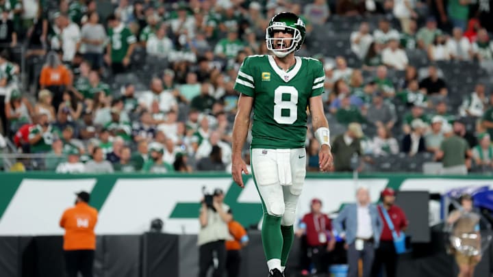 Sep 19, 2024; East Rutherford, New Jersey, USA; New York Jets quarterback Aaron Rodgers (8) reacts after an incomplete pass during the fourth quarter against the New England Patriots at MetLife Stadium. Mandatory Credit: Brad Penner-Imagn Images