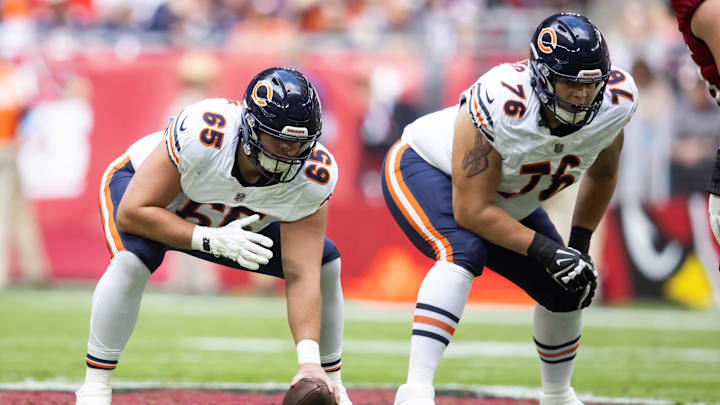 Nov 3, 2024; Glendale, Arizona, USA; Chicago Bears center Coleman Shelton (65) and guard Teven Jenkins (76) against the Arizona Cardinals at State Farm Stadium. Mandatory Credit: Mark J. Rebilas-Imagn Images