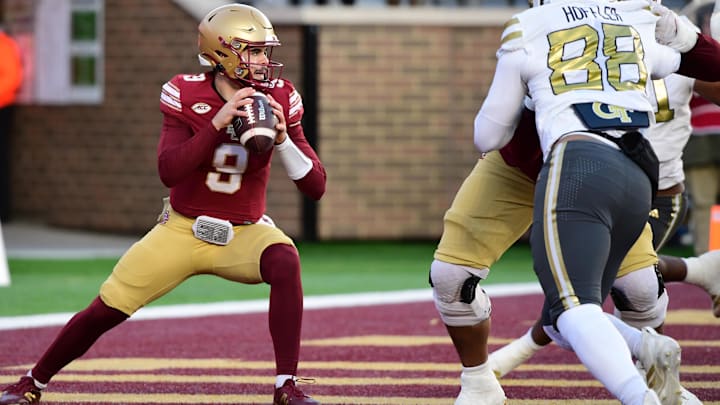 Nov 15, 2025; Chestnut Hill, Massachusetts, USA;  Boston College Eagles quarterback Dylan Lonergan (9) gets set to pass the ball during the first half against Georgia Tech Yellow Jackets at Alumni Stadium. Mandatory Credit: Bob DeChiara-Imagn Images
