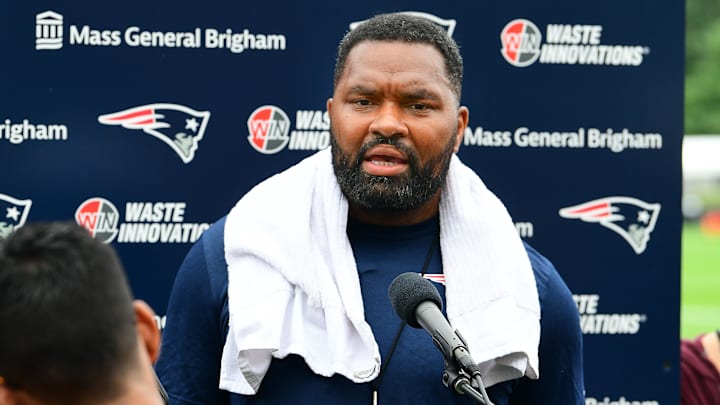 Jul 24, 2024; Foxborough, MA, USA;  New England Patriots head coach Jerod Mayo holds a press conference before training camp at Gillette Stadium.