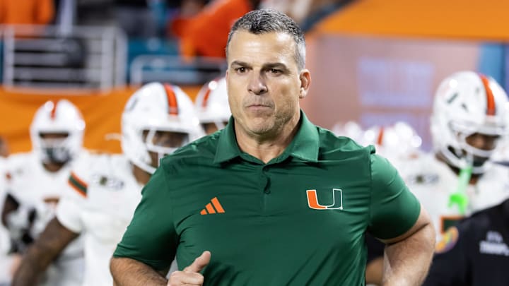 Jan 19, 2026; Miami Gardens, FL, USA; Miami Hurricanes head coach Mario Cristobal against the Indiana Hoosiers during the College Football Playoff National Championship game at Hard Rock Stadium. Mandatory Credit: Mark J. Rebilas-Imagn Images