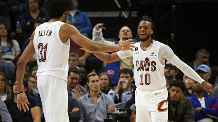 Jan 18, 2023; Memphis, Tennessee, USA; Cleveland Cavaliers guard Darius Garland (10) reacts with Cleveland Cavaliers center Jarrett Allen (31) during the second half against the Memphis Grizzlies at FedExForum. Mandatory Credit: Petre Thomas-Imagn Images