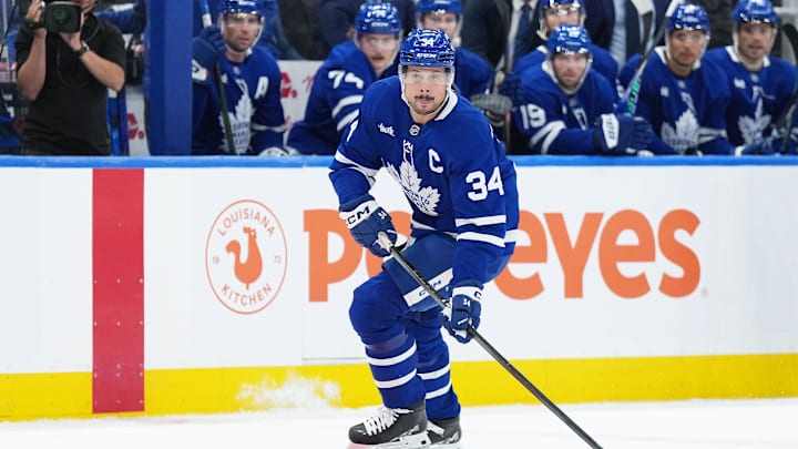Oct 8, 2025; Toronto, Ontario, CAN; Toronto Maple Leafs center Auston Matthews (34) skates with the puck against the Montreal Canadiens during the first period at Scotiabank Arena. Mandatory Credit: Nick Turchiaro-Imagn Images