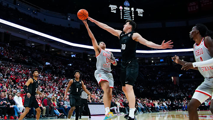 Michigan State Spartans center Szymon Zapala (10) blocks the shot of Ohio State Buckeyes guard John Mobley Jr. (0) in the first half at Value City Arena on Friday, Jan. 3, 2025 in Columbus, Ohio.