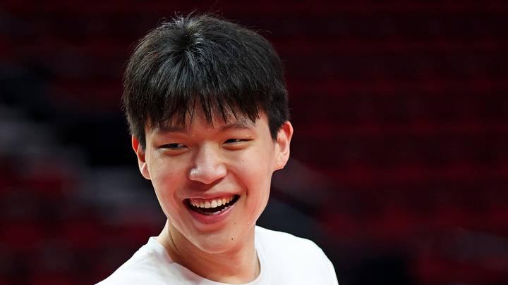 Yang Hansen reacts during warm ups before the Trail Blazers play against the LA Clippers. Yang Hansen reacts during warm ups before the Trail Blazers play against the LA Clippers.