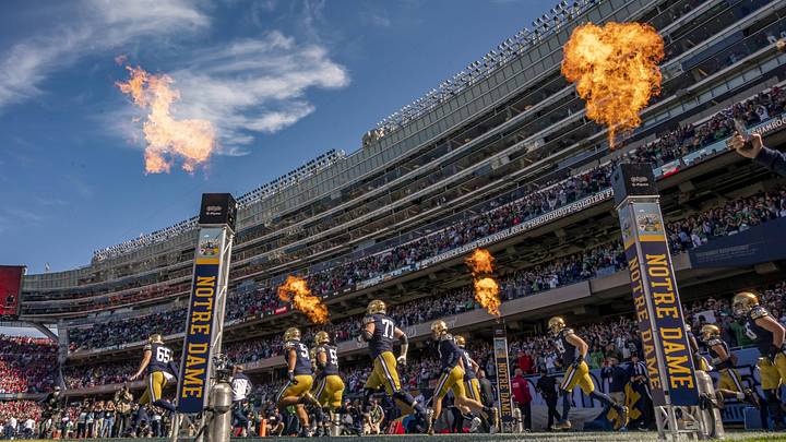 Sep 25, 2021; Chicago, Illinois, USA; The Notre Dame Fighting Irish enter the field prior to the first half against the Wisconsin Badgers at Soldier Field. 