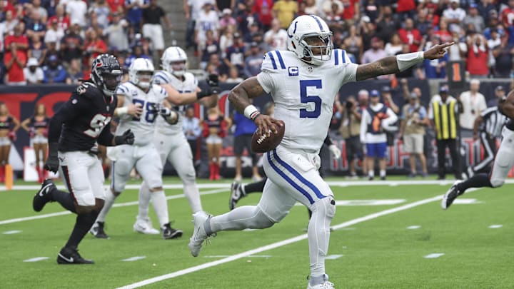 Oct 27, 2024; Houston, Texas, USA; Indianapolis Colts quarterback Anthony Richardson (5) runs with the ball during the game against the Houston Texans at NRG Stadium. Mandatory Credit: Troy Taormina-Imagn Images