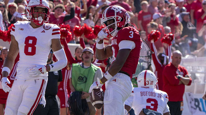 Indiana Hoosiers Omar Cooper Jr. (3) celebrates catching a pass during the second quarter of a game against the Nebraska Cornhuskers at Memorial Stadium. Indiana Hoosiers Omar Cooper Jr. (3) celebrates catching a pass during the second quarter of a game against the Nebraska Cornhuskers at Memorial Stadium.