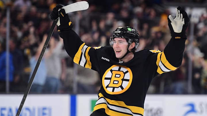 Mar 10, 2026; Boston, Massachusetts, USA; Boston Bruins center Fraser Minten (93) reacts after defeating the Los Angeles Kings in overtime at TD Garden. Mandatory Credit: Bob DeChiara-Imagn Images