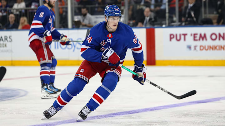 Sep 24, 2024; New York, New York, USA; New York Rangers center Adam Edstrom (84) skates against the New York Islanders during the third period at Madison Square Garden. Mandatory Credit: Danny Wild-Imagn Images