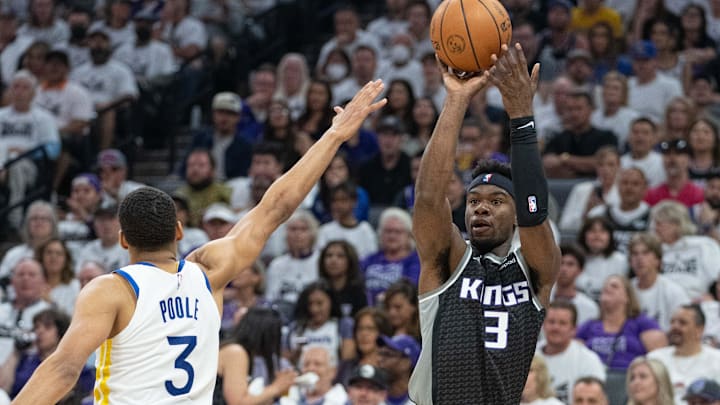 April 30, 2023; Sacramento, California, USA; Sacramento Kings guard Terence Davis (3) shoots the basketball during the first quarter in game seven of the 2023 NBA playoffs first round against the Sacramento Kings at Golden 1 Center. Mandatory Credit: Kyle Terada-Imagn Images