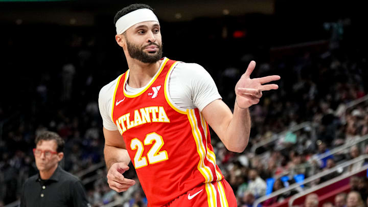 Larry Nance #22 of the Atlanta Hawks reacts after making a basket against the Detroit Pistons.