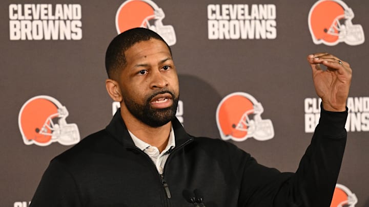 Feb 3, 2026; Berea, OH, USA; Executive vice president, football operations and general manager  Andrew Berry speaks to the media during a press conference to introduce new head coach Todd Monken at CrossCountry Mortgage Campus. Mandatory Credit: Ken Blaze-Imagn Images