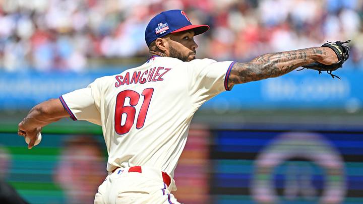 Aug 23, 2026; Philadelphia, Pennsylvania, USA; Philadelphia Phillies pitcher Cristopher Sánchez (61) throws a pitch during the first inning against the St. Louis Cardinals at Citizens Bank Park. Mandatory Credit: Eric Hartline-Imagn Images