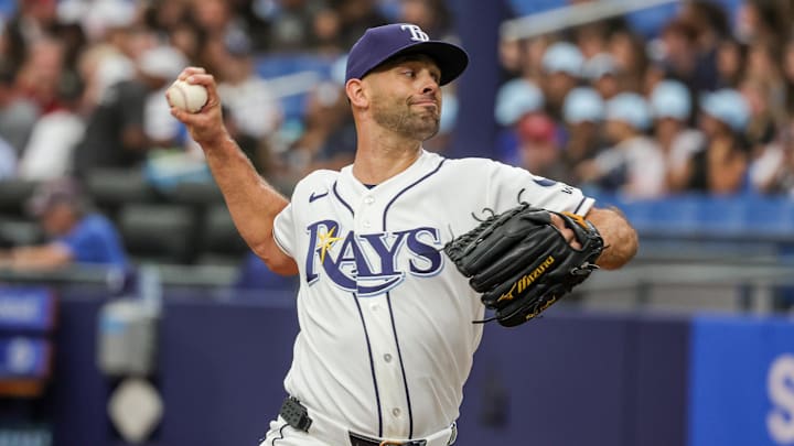 Apr 22, 2026; St. Petersburg, Florida, USA; Tampa Bay Rays pitcher Nick Martinez (28) throws during the first inning against the Cincinnati Reds at Tropicana Field. Mandatory Credit: Mike Watters-Imagn Images