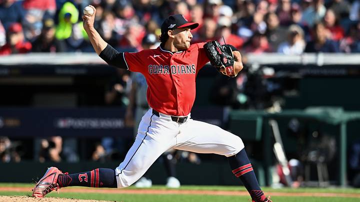 Oct 15, 2026: Cleveland Guardians pitcher Daniel Espino (41) throws a pitch against the Tampa Bay Rays during the sixth inning in game three of the ALCS for the 2026 MLB Playoffs at Progressive Field.  Credit: Ken Blaze-Imagn Images