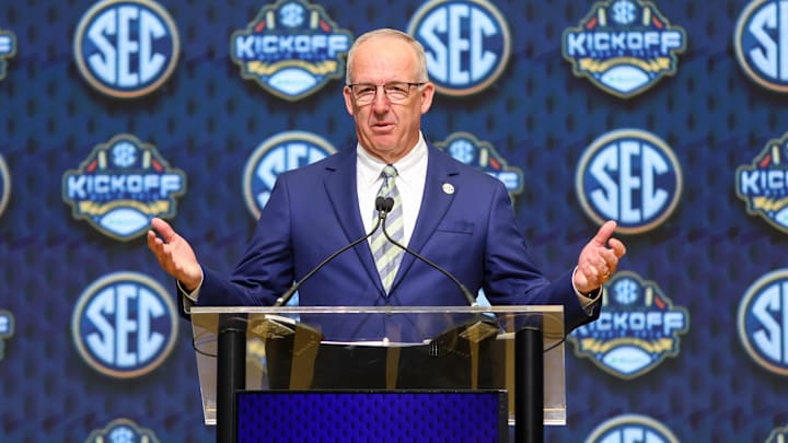 Jul 16, 2025; Atlanta, GA, USA; SEC commissioner Greg Sankey speaks to the media during the SEC Media Day at Omni Atlanta Hotel. Mandatory Credit: Jordan Godfree-Imagn Images