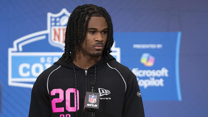 Feb 26, 2026; Indianapolis, IN, USA; Tennessee defensive back Jermod McCoy (DB20) speaks to media members during the NFL Combine at the Indiana Convention Center. Mandatory Credit: Jacob Musselman-Imagn Images