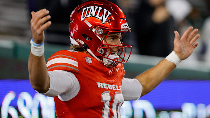 UNLV Rebels quarterback Anthony Colandrea (10) celebrates after his touchdown in the third quarter against the Colorado State Rams at Sonny Lubick Field at Canvas Stadium. Mandatory Credit: Isaiah J. Downing-Imagn Images