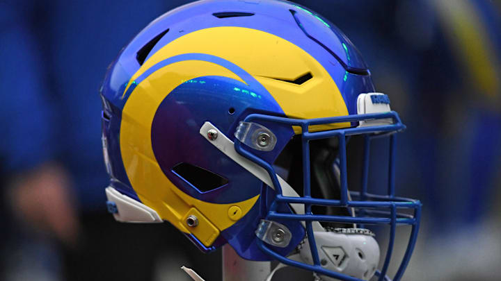 Jan 19, 2025; Philadelphia, Pennsylvania, USA; Los Angeles Rams helmet on the sidelines against the Philadelphia Eagles in a 2025 NFC divisional round game at Lincoln Financial Field. Mandatory Credit: Eric Hartline-Imagn Images