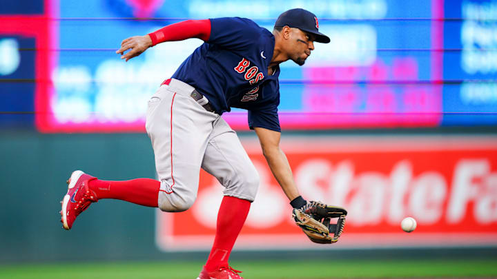 Aug 29, 2022; Minneapolis, Minnesota, USA; Boston Red Sox shortstop Xander Bogaerts (2) fields a