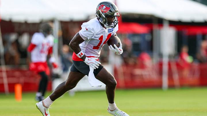 Jul 31, 2026; Tampa, FL, USA; Tampa Bay Buccaneers wide receiver Chris Godwin Jr. (14) participates in training camp at AdventHealth Training Center. Mandatory Credit: Nathan Ray Seebeck-Imagn Images
