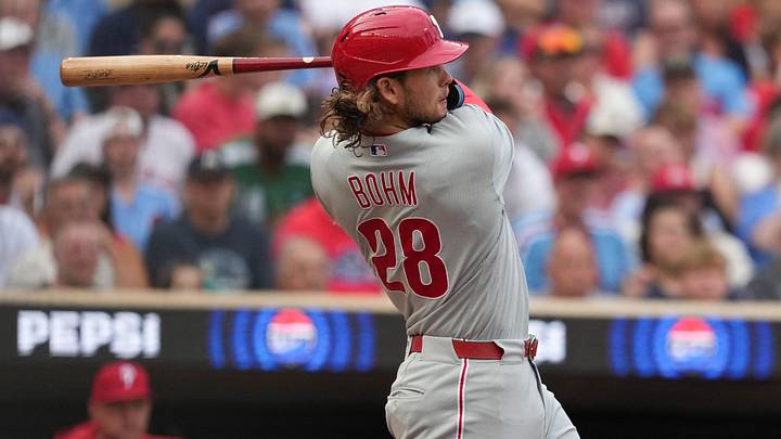 Aug 15, 2026; Minneapolis, Minnesota, USA; Philadelphia Phillies first baseman Alec Bohm (28) hits a double during the second inning against the Minnesota Twins at Target Field. Mandatory Credit: Jordan Johnson-Imagn Images Aug 15, 2026; Minneapolis, Minnesota, USA; Philadelphia Phillies first baseman Alec Bohm (28) hits a double during the second inning against the Minnesota Twins at Target Field. Mandatory Credit: Jordan Johnson-Imagn Images
