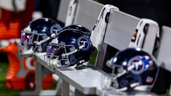 Aug 25, 2024; New Orleans, Louisiana, USA; Detailed view of the Tennessee Titans helmet against the New Orleans Saints during the first half at Caesars Superdome. Mandatory Credit: Stephen Lew-Imagn Images Aug 25, 2024; New Orleans, Louisiana, USA; Detailed view of the Tennessee Titans helmet against the New Orleans Saints during the first half at Caesars Superdome. Mandatory Credit: Stephen Lew-Imagn Images