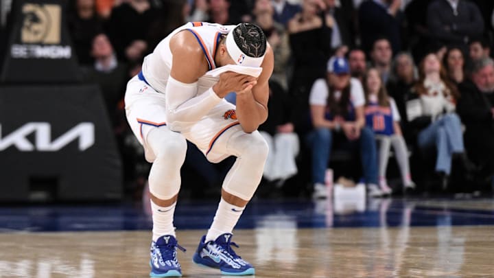 Nov 13, 2024; New York, New York, USA; New York Knicks guard Josh Hart (3) reacts after fouling Chicago Bulls guard Coby White (not pictured) during the second half at Madison Square Garden. Mandatory Credit: John Jones-Imagn Images