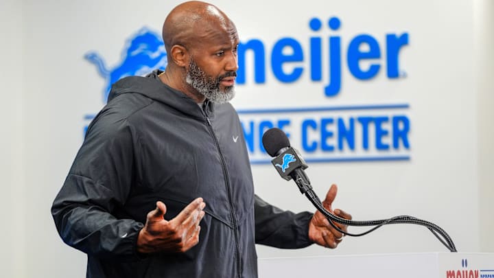 Detroit Lions Executive Vice President & General Manager Brad Holmes speaks to the press about their season, how it ended and what’s next at the Detroit Lions headquarters and training facility in Allen Park, Mich., Thursday, Jan. 23, 2025.
