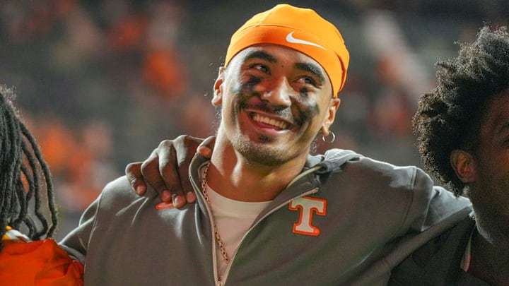 Tennessee quarterback Nico Iamaleava (8) smiles after a NCAA game between Tennessee and Kent State in Neyland Stadium in Knoxville on Saturday, Sept. 14, 2024.