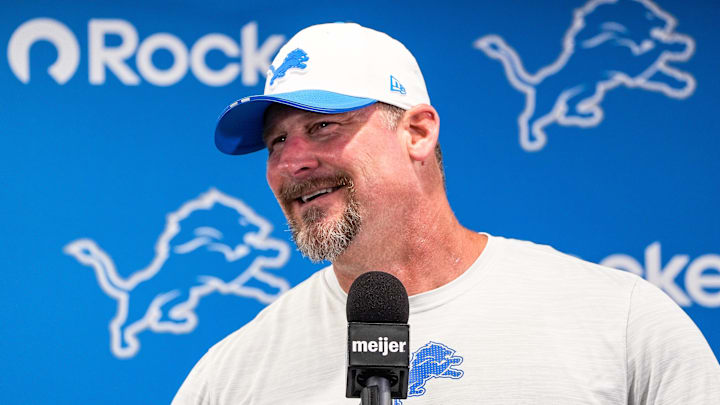 Detroit Lions head coach Dan Campbell speaks at a press conference during training camp at Meijer Performance Center in Allen Park on Sunday, July 20, 2025. Detroit Lions head coach Dan Campbell speaks at a press conference during training camp at Meijer Performance Center in Allen Park on Sunday, July 20, 2025.