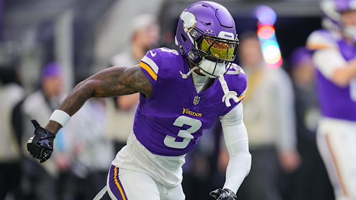 Dec 1, 2024; Minneapolis, Minnesota, USA; Minnesota Vikings wide receiver Jordan Addison (3) warms up before the game against the Arizona Cardinals at U.S. Bank Stadium.