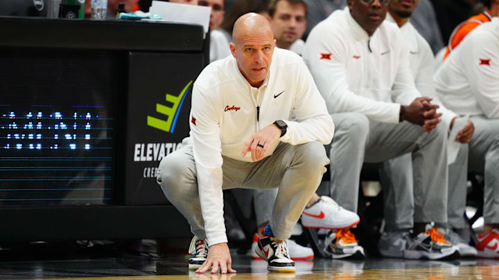 Feb 21, 2026; Boulder, Colorado, USA; Oklahoma State Cowboys head coach Steve Lutz during the game against the Colorado Buffaloes att the CU Events Center. Mandatory Credit: Ron Chenoy-Imagn Images