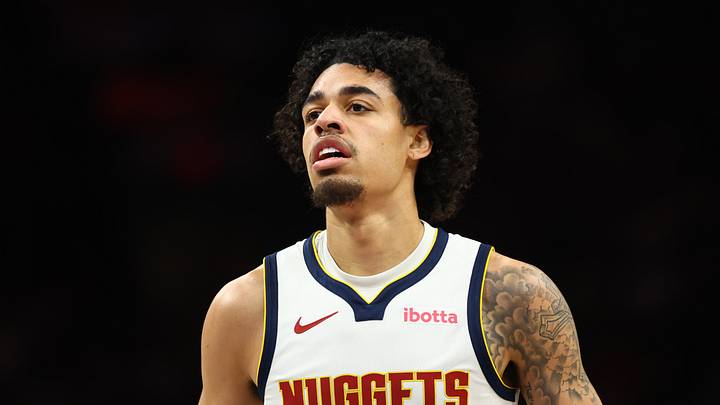 Mar 24, 2026; Phoenix, Arizona, USA; Denver Nuggets guard Julian Strawther (3) against the Phoenix Suns at Mortgage Matchup Center. Mandatory Credit: Mark J. Rebilas-Imagn Images