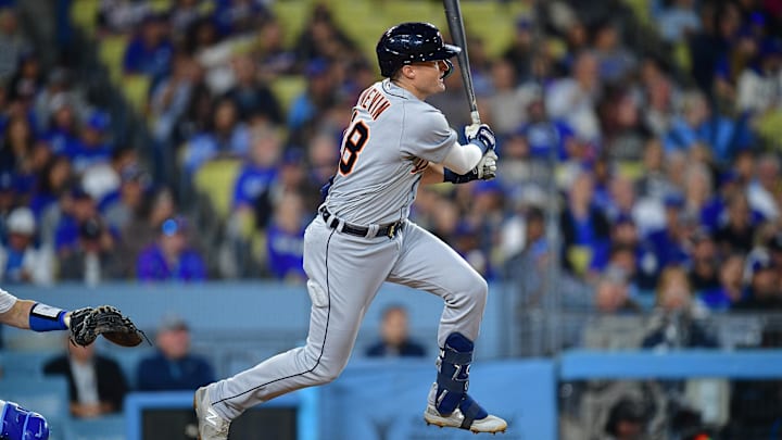 Sep 19, 2023; Los Angeles, California, USA; Detroit Tigers third baseman Tyler Nevin (18) hits a double against the Los Angeles Dodgers during the fifth inning at Dodger Stadium.