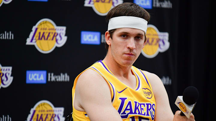 Sep 29, 2025; Los Angeles, CA, USA; Los Angeles Lakers guard Austin Reaves (15) during media day at UCLA Health Training Center. Mandatory Credit: Gary A. Vasquez-Imagn Images