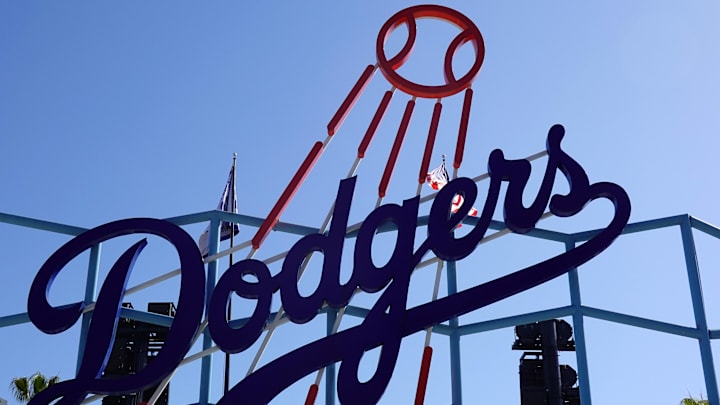 Apr 29, 2025; Los Angeles, California, USA; The Los Angeles Dodgers logo in the outfield pavilion at Dodger Stadium. Mandatory Credit: Kirby Lee-Imagn Images