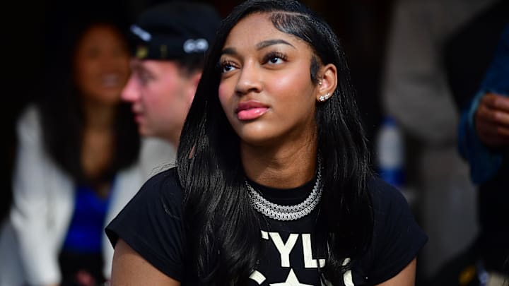 Sep 22, 2024; Inglewood, California, USA; WNBA basketball player Angel Reese attends the game between the Los Angeles Rams and San Francisco 49ers at SoFi Stadium. 